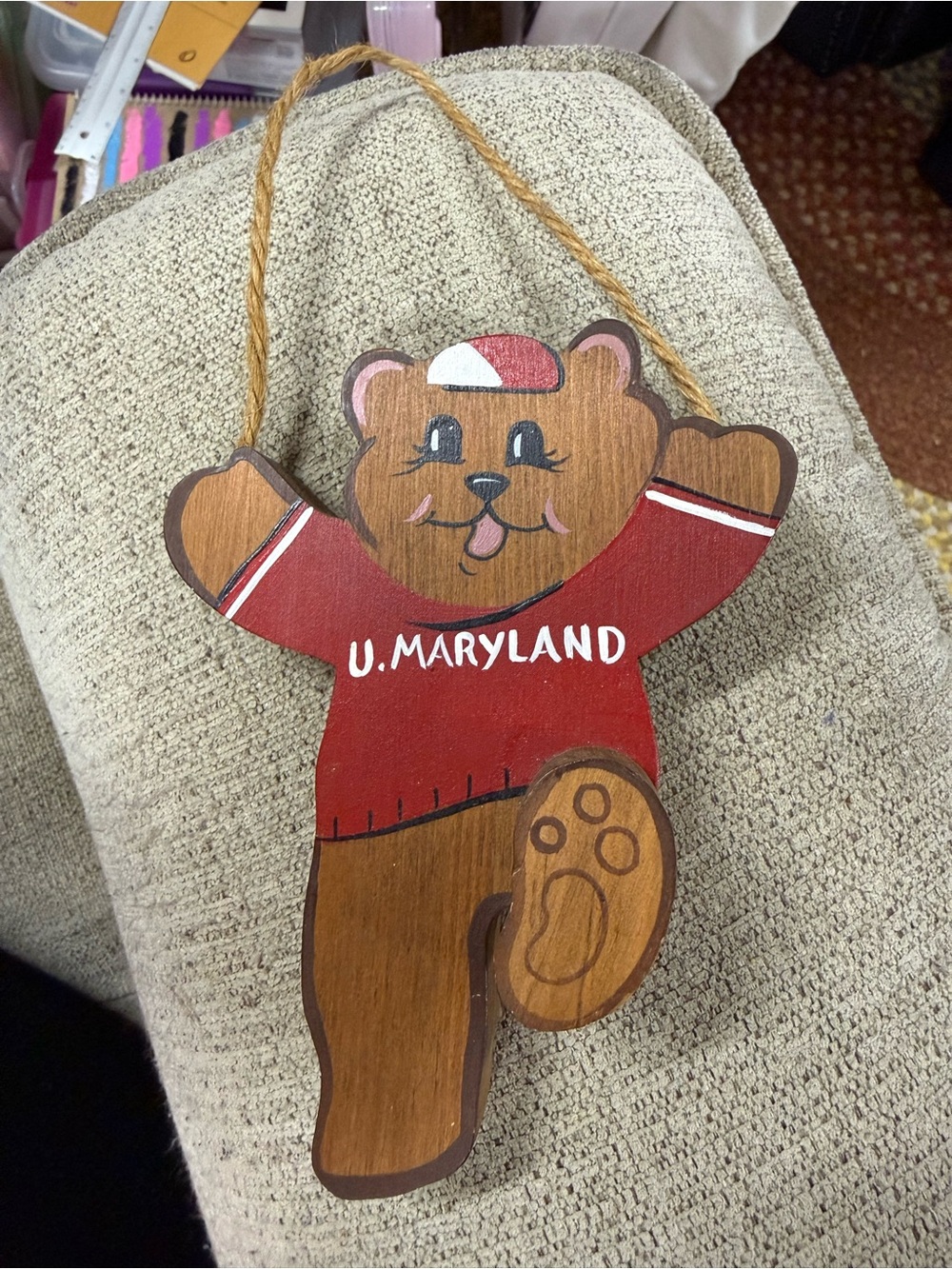 U. Maryland Bear Wooden Hanging Decoration - Red and Brown